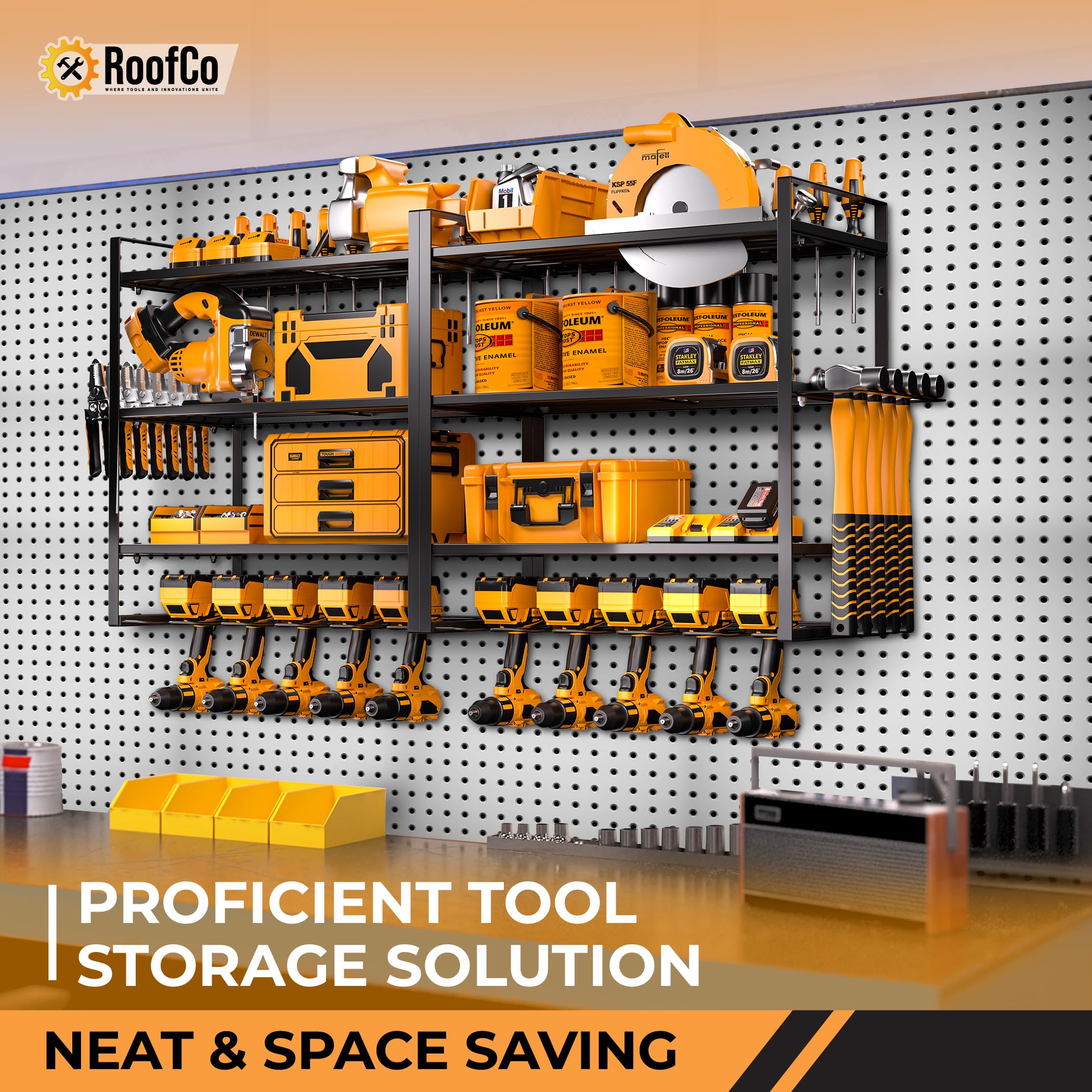 ROOFCO Power Tool Organizer, 8 Drill Holder Wall Mount and 4 Layers Storage Rack for Garage Organization, Shed, Workshop, Pegboard with Plier/Hammer Holder-Heavy Duty Carbon Steel-200 LBS Capacity