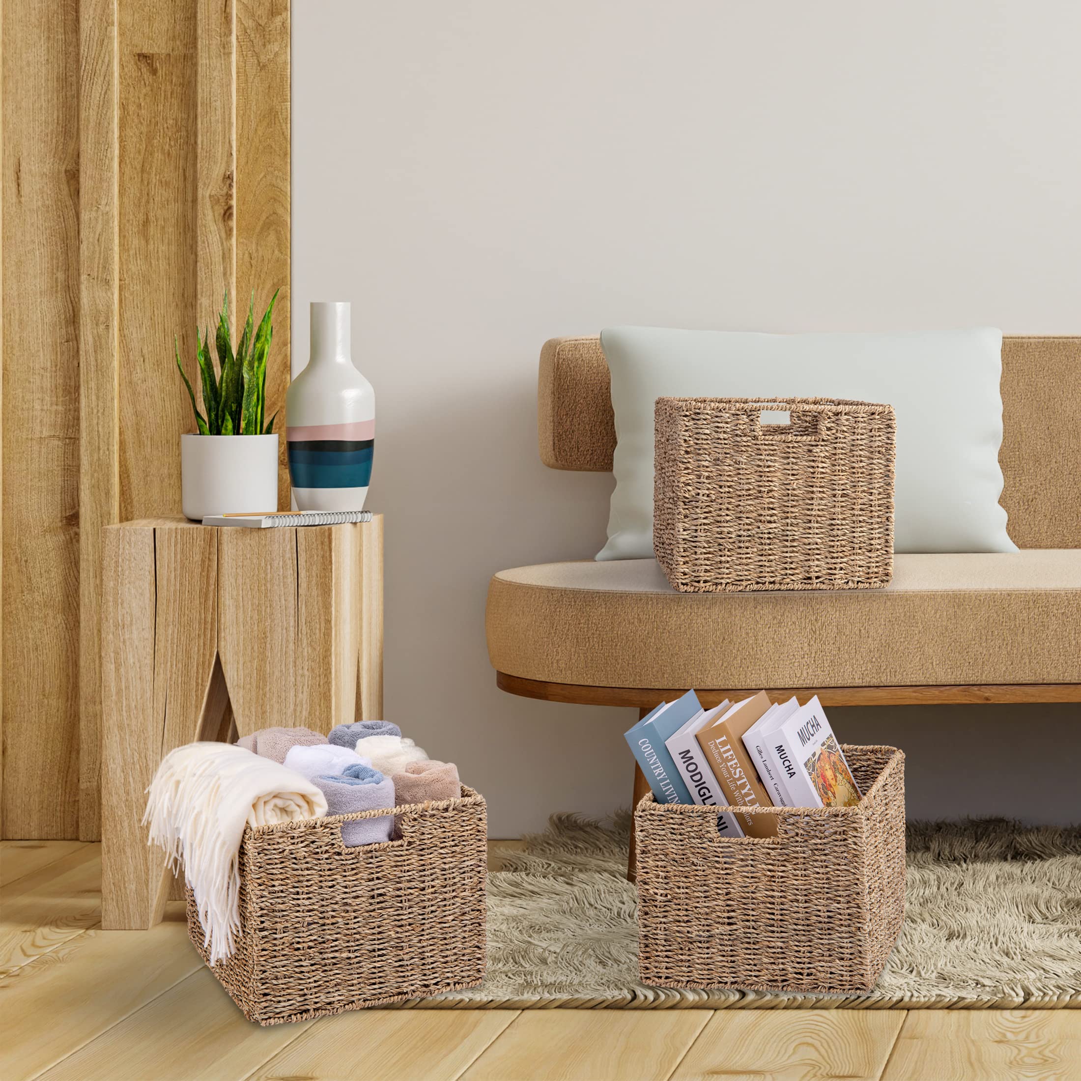 12x12x10in Seagrass Storage Baskets Set of 4, Large Wicker Storage Basket, Decorative Seagrass Shelf Basket, Pantry Baskets Organization,Folding Storage Cube Bins