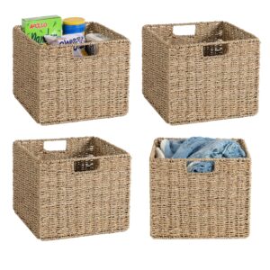 12x12x10in seagrass storage baskets set of 4, large wicker storage basket, decorative seagrass shelf basket, pantry baskets organization,folding storage cube bins