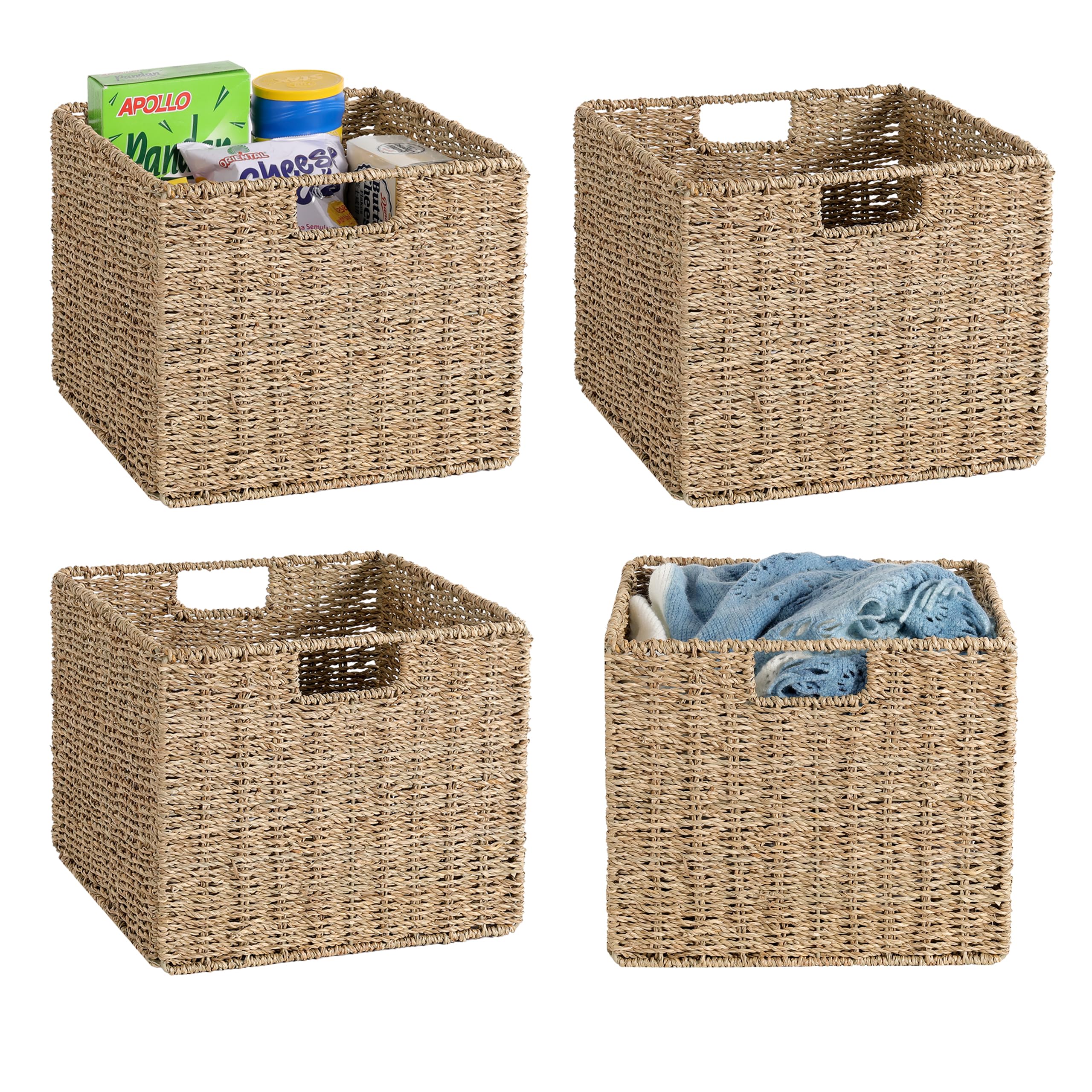 12x12x10in Seagrass Storage Baskets Set of 4, Large Wicker Storage Basket, Decorative Seagrass Shelf Basket, Pantry Baskets Organization,Folding Storage Cube Bins