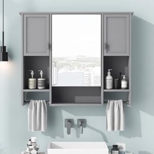 Merax Bathroom Medicine Cabinet with Mirror, Wall Mounted Bathroom Storage Cabinet with Mirror Door & Open Shelf, Over The Toilet Space Saver Storage Cabinet with Towel Rack (Grey Medicine Cabinet)