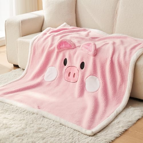 NEWCOSPLAY Sherpa Fleece Throw Blanket 3D Cartoon Kids Blanket Plush Warm for Boys Girls(Pink Pig,(50"X60"))