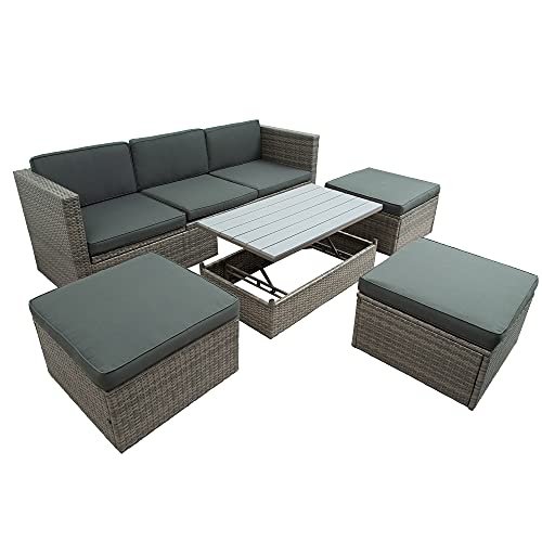 CABSETT Patio Furniture Sets, 5-Piece Outdoor Patio Wicker Sofa with Adustable Backrest and Lift Top Coffee Table, Multifunctional Rattan Sofa with Cushions and Ottomans, for Backyard Garden, Gray