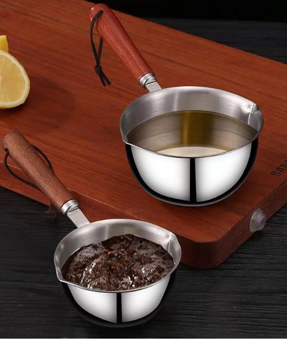 Mini Milk Warmer Pot Stainless Steel Milk Warmer for Coffee, Small Saucepan Heating Cookware Soup Wamer Pan with Heat Resistand Wooden Handle (300ml)