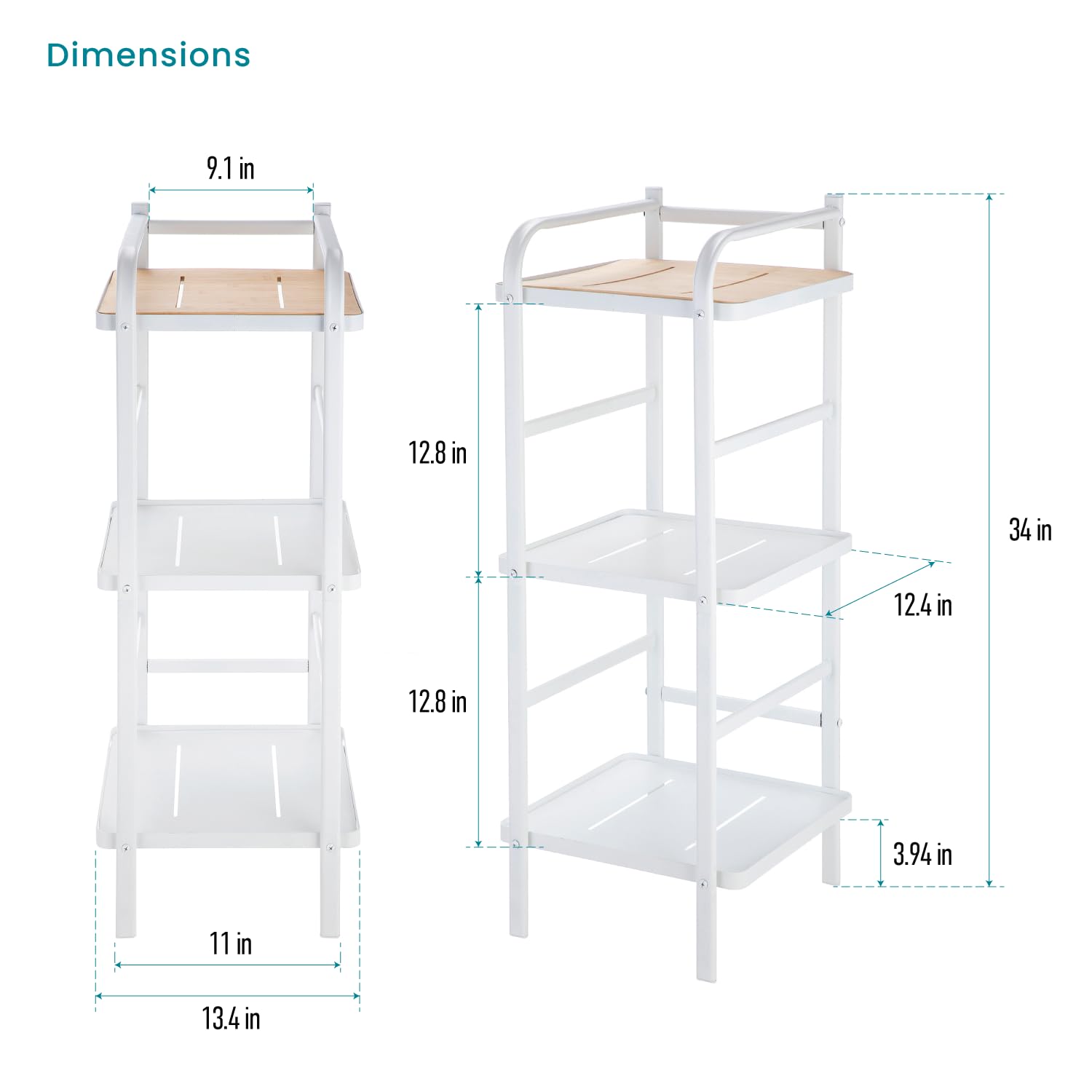 Home Zone Living 3 Tiers Storage Racks and Shelving, Bamboo Accent with Steel Frame, Standing Shelf for Kitchen, Living Room, Bathroom, Balcony, Multipurpose Rack, White