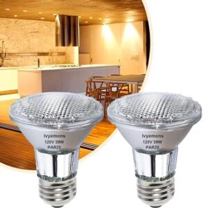 ivyemons par20 flood 39w 120v 480 lumens- 2 pack par20 flood light bulbs with e26 base, par20 dimmable 2800k warm white, long lasting 39w par20 bulb for recessed lighting & hood range light bulbs