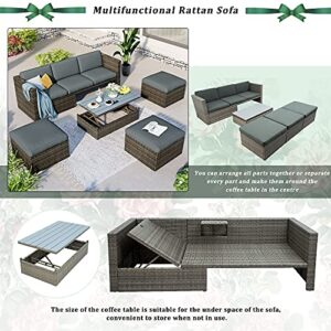 CABSETT Patio Furniture Sets, 5-Piece Outdoor Patio Wicker Sofa with Adustable Backrest and Lift Top Coffee Table, Multifunctional Rattan Sofa with Cushions and Ottomans, for Backyard Garden, Gray