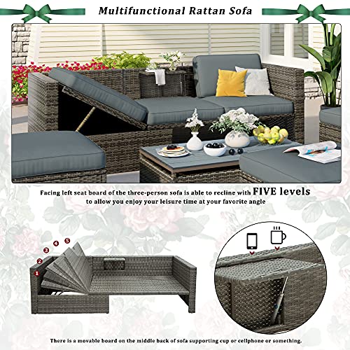 CABSETT Patio Furniture Sets, 5-Piece Outdoor Patio Wicker Sofa with Adustable Backrest and Lift Top Coffee Table, Multifunctional Rattan Sofa with Cushions and Ottomans, for Backyard Garden, Gray