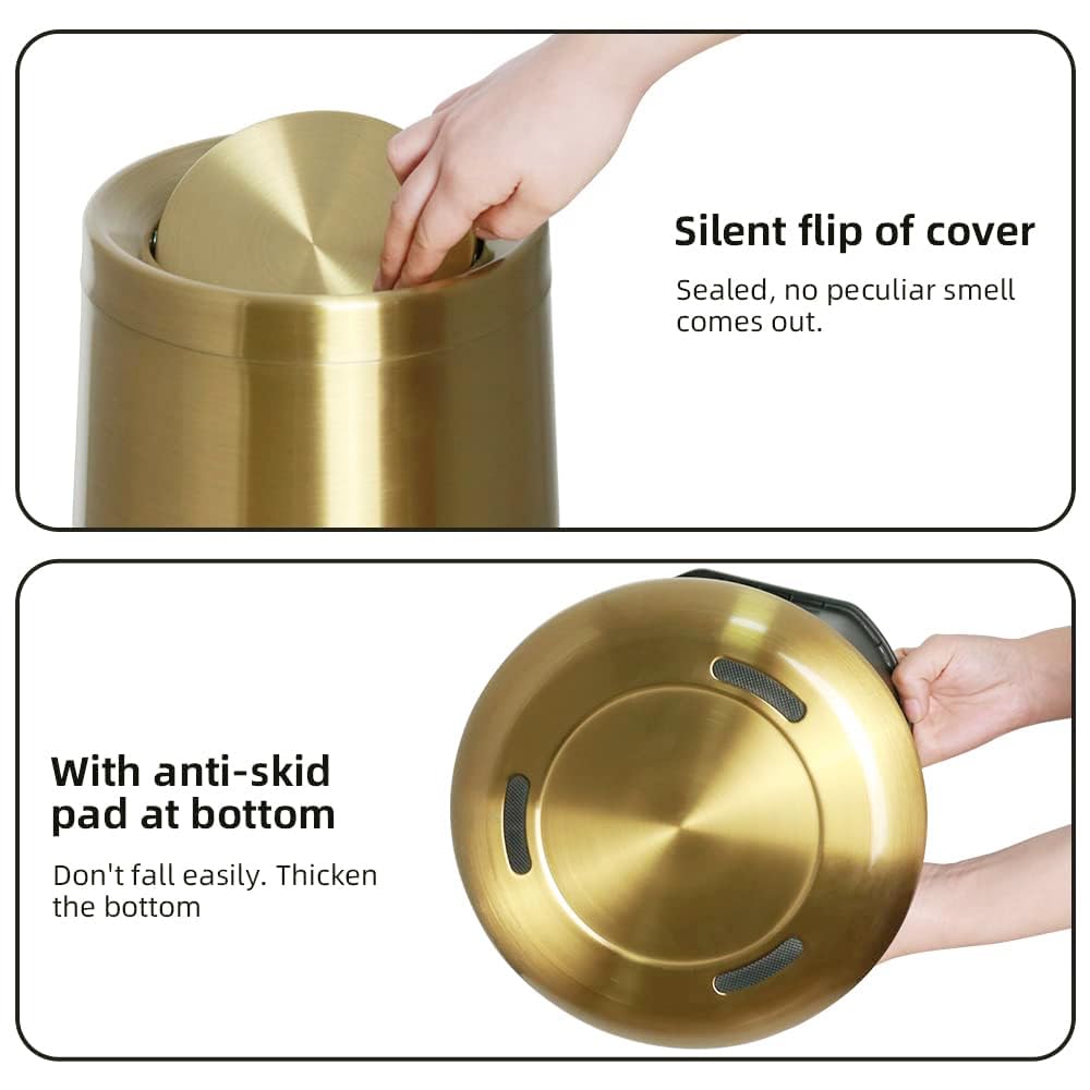 YOJIA 8L / 2.1Gal Gold Brushed Stainless Steel Trash Can with Swing Cover,Gold Bathroom Trash can ，Decorative Garbage Can for Bathroom, Living Room, BedroomOffice, Hotel, RV (32A gold-8L)