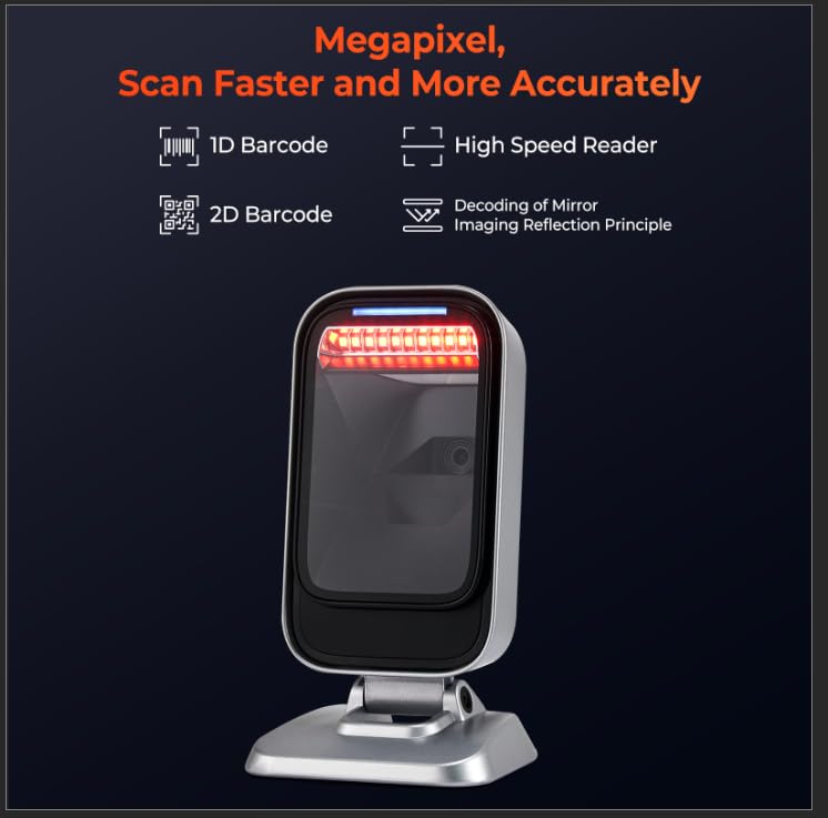 MUNBYN 1D 2D QR Desktop Barcode Scanner Omnidirectional Manual/Automatic Image Sensing Scanner Hands-Free USB Scanner for Windows, Linux, Mac PC for Mobile E-Payment, Supermarket, POS System, Library