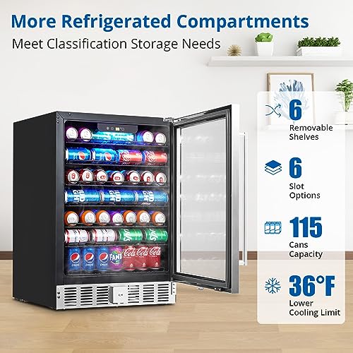 Takywep 24 Inch Beverage Refrigerator, 5.1 Cu.ft Beverage Cooler Under Counter, 166 Cans Drink Fridge for Drinks, Soda, Beer or Wine, 36～60°F Adjustable Temperature.