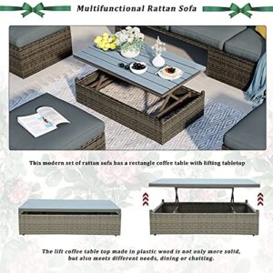 CABSETT Patio Furniture Sets, 5-Piece Outdoor Patio Wicker Sofa with Adustable Backrest and Lift Top Coffee Table, Multifunctional Rattan Sofa with Cushions and Ottomans, for Backyard Garden, Gray