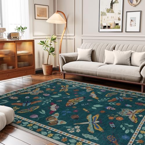 Lahome Insect Print 5x7 Area Rugs for Living Room, Soft Washable Rugs for Bedroom Ultra-Thin Non Slip Modern Rug, Stain Resistant Throw Rug Carpet for Office Nursery Dining Room(5'x7',Dark Green)