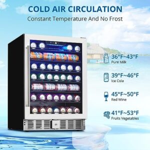 Takywep 24 Inch Beverage Refrigerator, 5.1 Cu.ft Beverage Cooler Under Counter, 166 Cans Drink Fridge for Drinks, Soda, Beer or Wine, 36～60°F Adjustable Temperature.