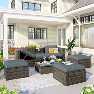 CABSETT Patio Furniture Sets, 5-Piece Outdoor Patio Wicker Sofa with Adustable Backrest and Lift Top Coffee Table, Multifunctional Rattan Sofa with Cushions and Ottomans, for Backyard Garden, Gray