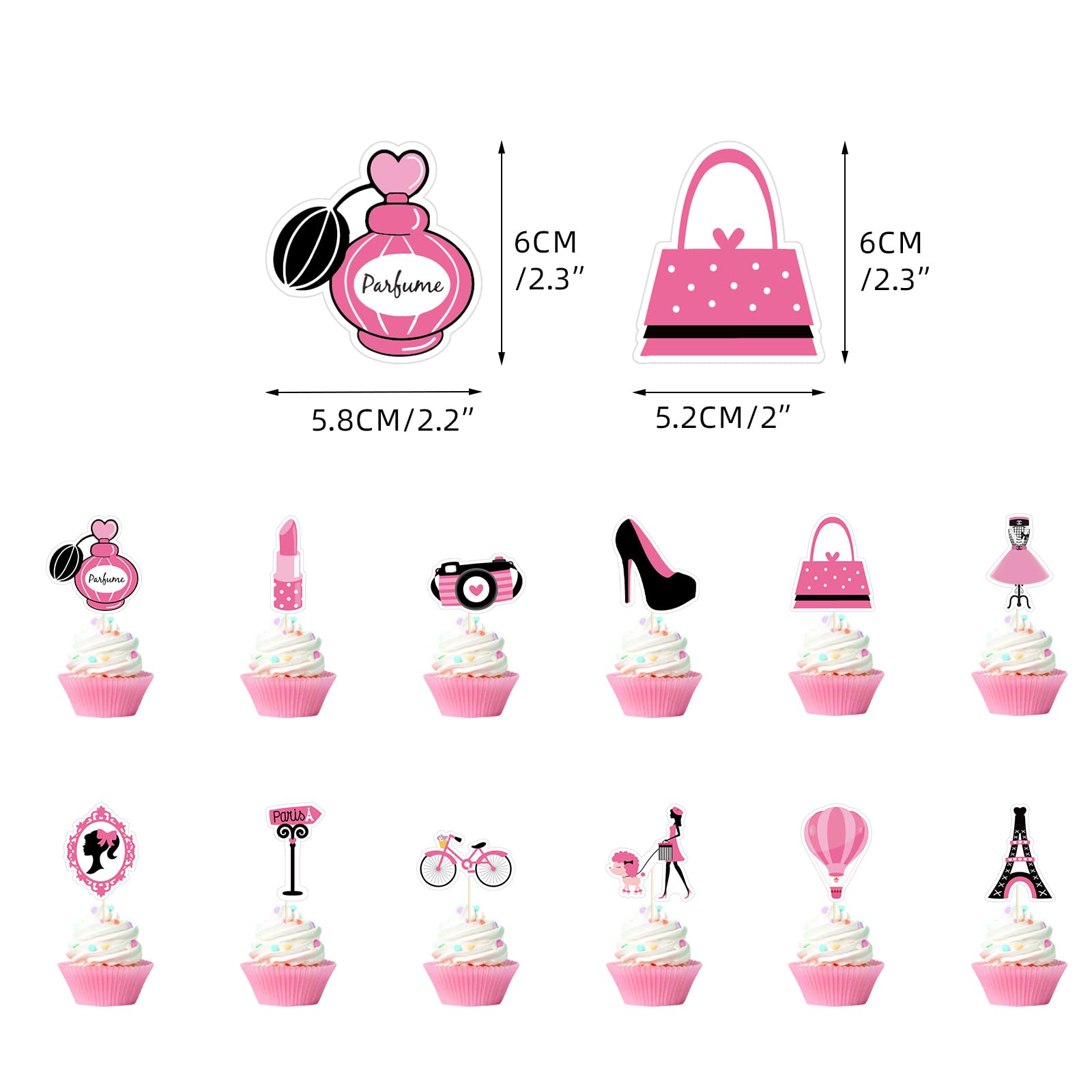 24 Pcs Pink Paris Princess Theme Cupcake Toppers for Girls Birthday Party Handbag Eiffel Tower Lipstick Tie High Heel Cupcake Decorations for Bridal Baby Shower Birthday Wedding Party Supplies