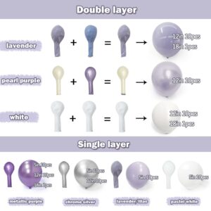 Purple White Balloons - Double Stuffed Lavender Pastel Light Purple Pearl Balloon Garland Metallic Purple Silver Balloon Arch Kit for Baby Shower Bridal Wedding Birthday Graduation Party Decoration