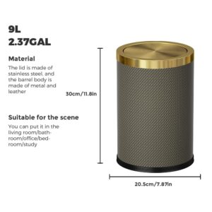 YOJIA 9L/2.4Gal Gold Trash Can with Swing Cover,Creative Shake Lid Leather Garbage Can, Garbage Can for Kitchen,Bathroom,Living Room,Office (9L-Checked Grey)