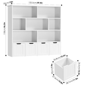 FINETONES Toy Storage Organizer, Large Toy Organizers and Storage with 4 Movable Drawers and 7 Storage Cubbies, Toy Chest Shelf Organizer with Hidden Wheels, Kids Bookshelf and Toy Storage