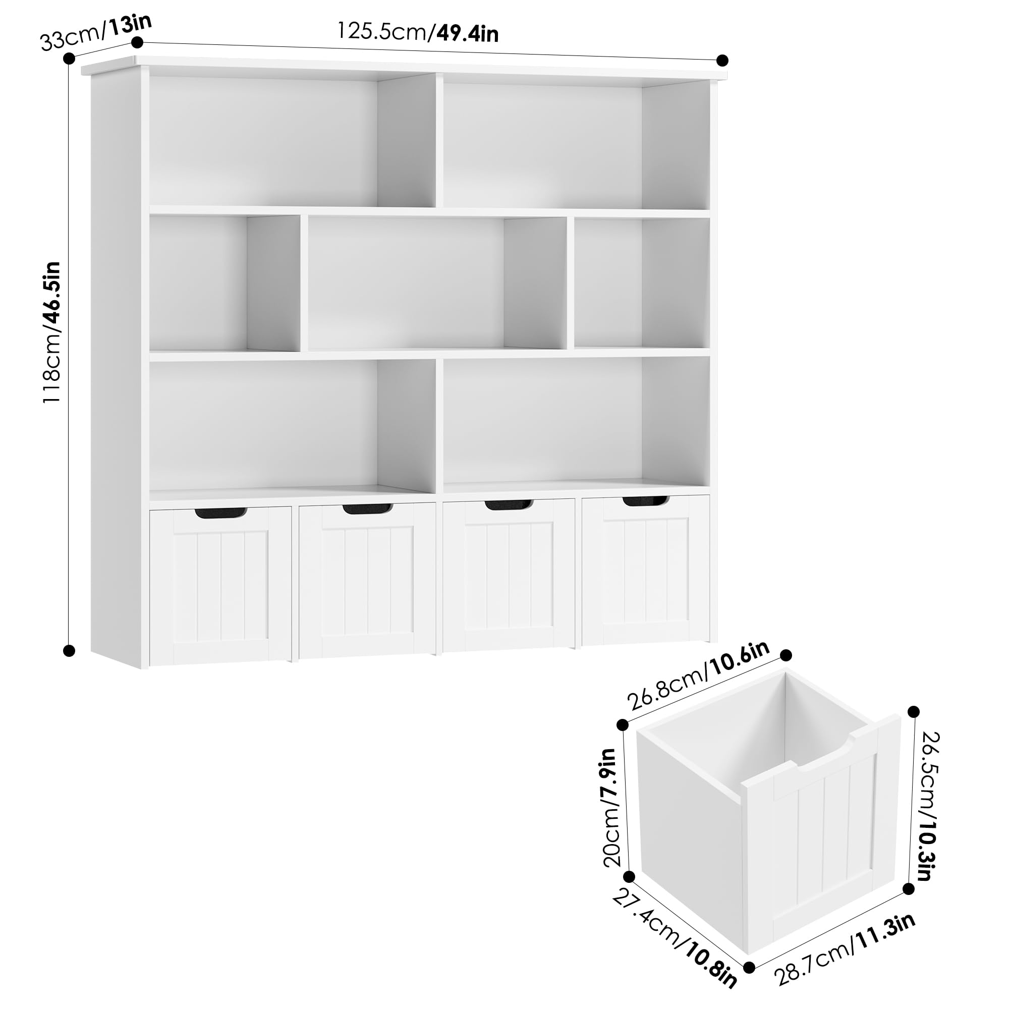 FINETONES Toy Storage Organizer, Large Toy Organizers and Storage with 4 Movable Drawers and 7 Storage Cubbies, Toy Chest Shelf Organizer with Hidden Wheels, Kids Bookshelf and Toy Storage