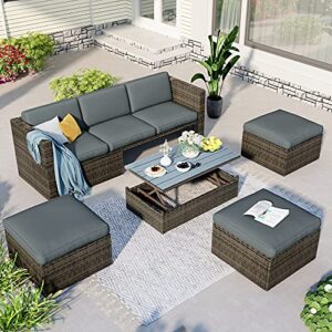 cabsett patio furniture sets, 5-piece outdoor patio wicker sofa with adustable backrest and lift top coffee table, multifunctional rattan sofa with cushions and ottomans, for backyard garden, gray