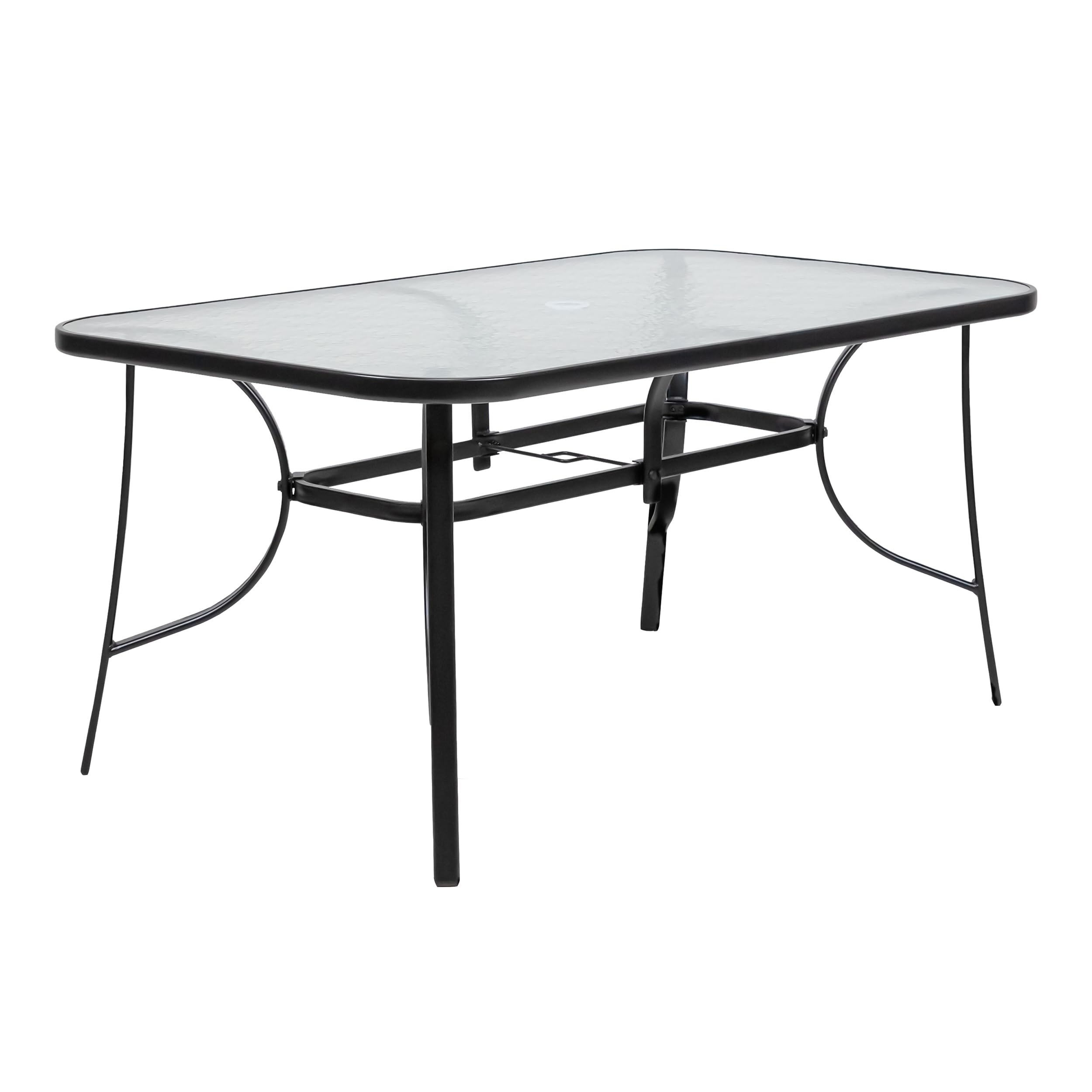 Greemotion USA Winger Modern 59"x35" Patio Dining Table, Rectangular, Umbrella Compatible, Steel Frame & Water Wave Glass Top, Furniture for, Backyard, Poolside, Outdoor, Black