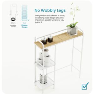 Home Zone Living Over The Toilet Bathroom Storage Organizer with Slim Shelving for Your Restroom, Kitchen, or Living Room, White Bamboo Accent Shelf