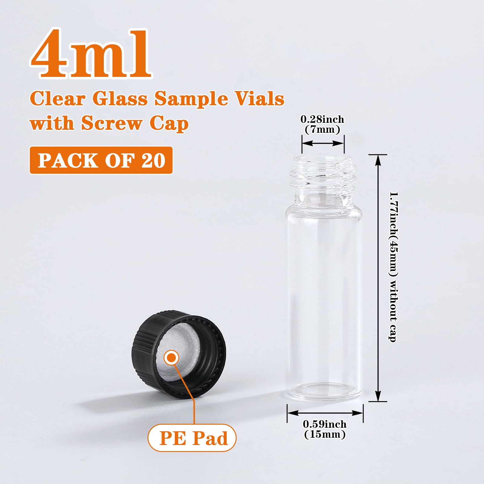 Asherxin 20 Pack 4ml Clear Glass Vials with Screw Caps Small Vials Liquid Bottle Vials for Essential Oil