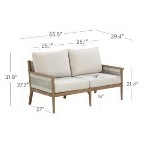 Nathan James Kayden Bohemian Wood Loveseat Sofa, Upholstered Outdoor Seating with Removable Cushion Covers, Solid Acacia Wood Frame, Light Brown