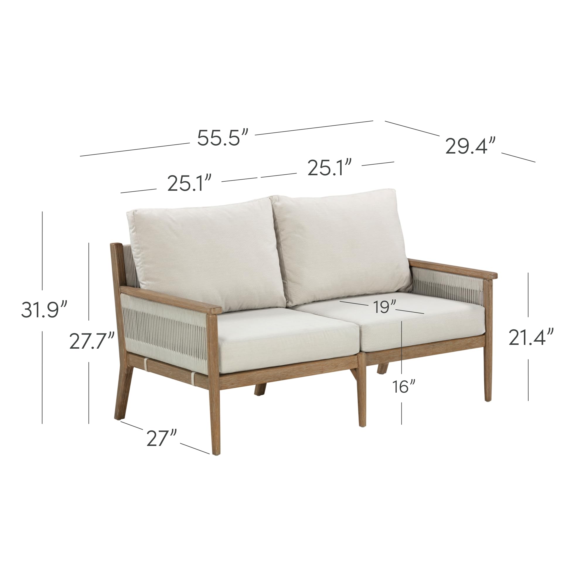 Nathan James Kayden Bohemian Wood Loveseat Sofa, Upholstered Outdoor Seating with Removable Cushion Covers, Solid Acacia Wood Frame, Light Brown