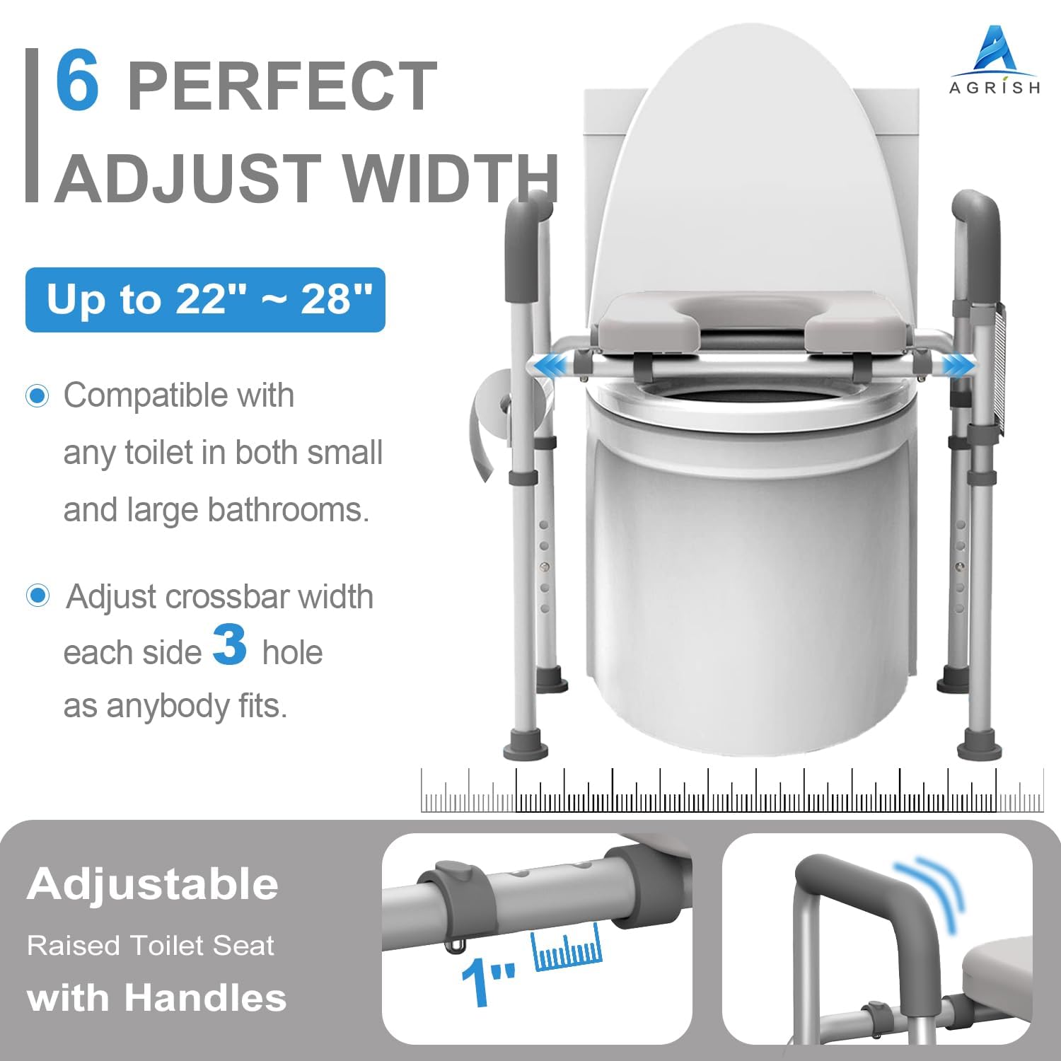 Agrish Raised Toilet Seat with Handles - Width and Height Adjustable Padded Toilet Seat Risers for Seniors, Bariatric, Handicap, Heavy Duty 350lbs Raised Toilet Seat, Fit Any Toilet