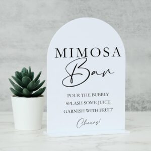 acrylic mimosa bar sign with stand- 5"x7" white arch acrylic wedding sign and base,1/8" thick | modern calligraphy black lettering acrylic table sign for wedding & party