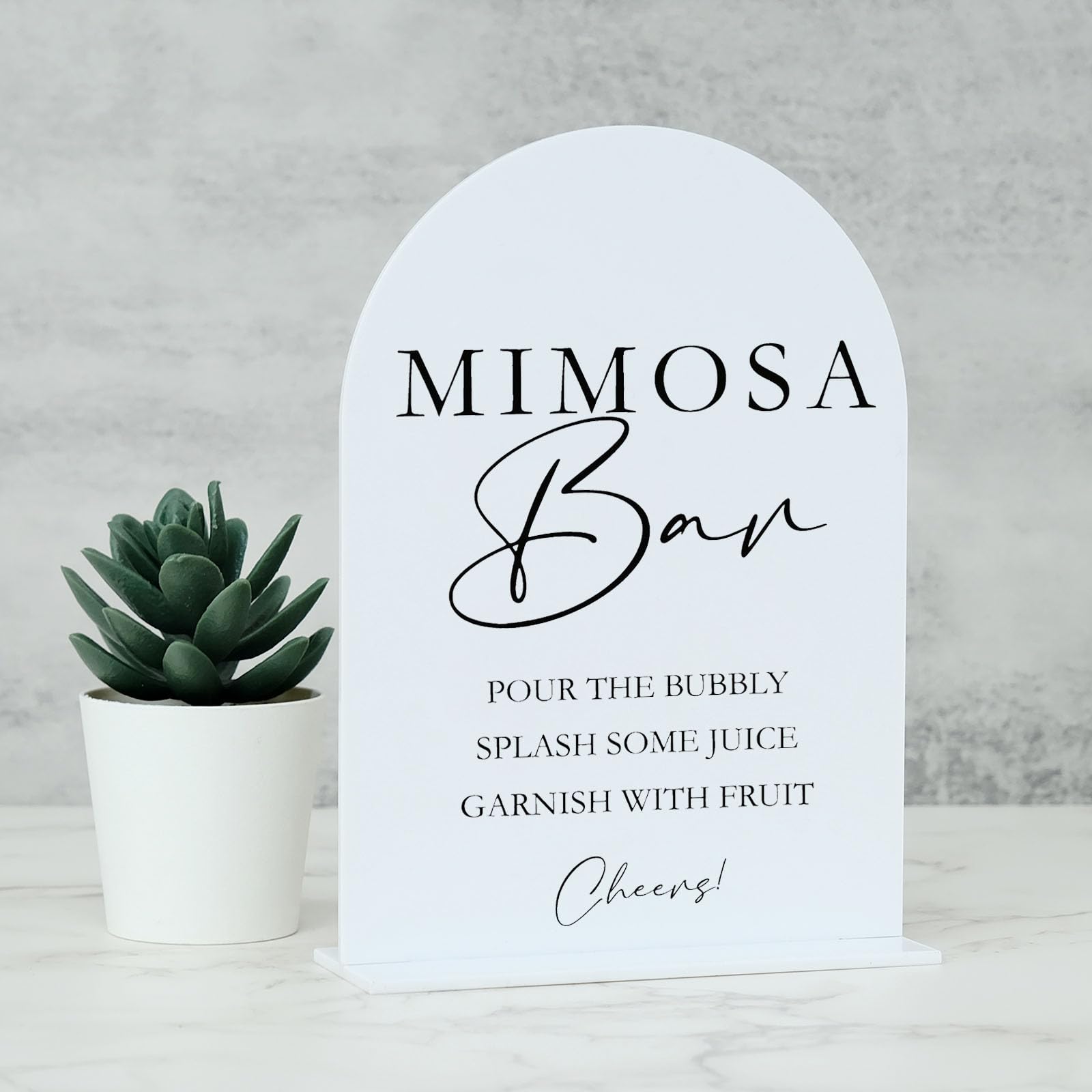 Acrylic Mimosa Bar Sign with Stand- 5"x7" White Arch Acrylic Wedding Sign and Base,1/8" Thick | Modern Calligraphy Black Lettering Acrylic Table Sign for Wedding & Party