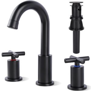 gxcror bathroom faucets for sink 3 hole,2-handle 8 inch widespread bathroom sink faucet with pop up drain and faucet supply hoses, matte black basin faucet mixer taps