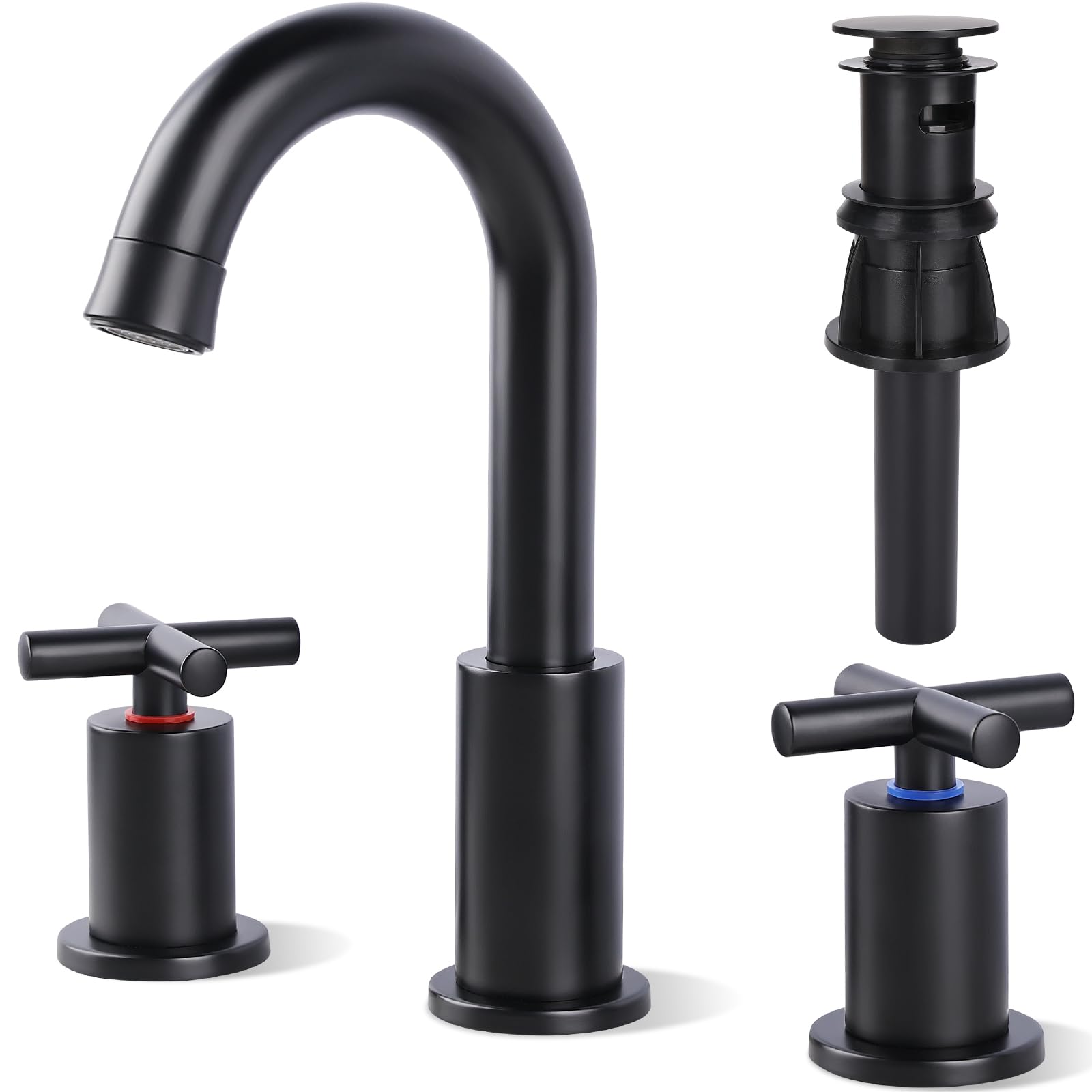 GXCROR Bathroom Faucets for Sink 3 Hole,2-Handle 8 inch Widespread Bathroom Sink Faucet with Pop Up Drain and Faucet Supply Hoses, Matte Black Basin Faucet Mixer Taps