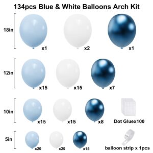 Blue Balloon Garland Arch Kit, 134pcs Blue and White Party Balloons Arch Kit for Baby Shower, Birthday, Bridal Shower, Graduation, Winter Wonderland Party Decorations