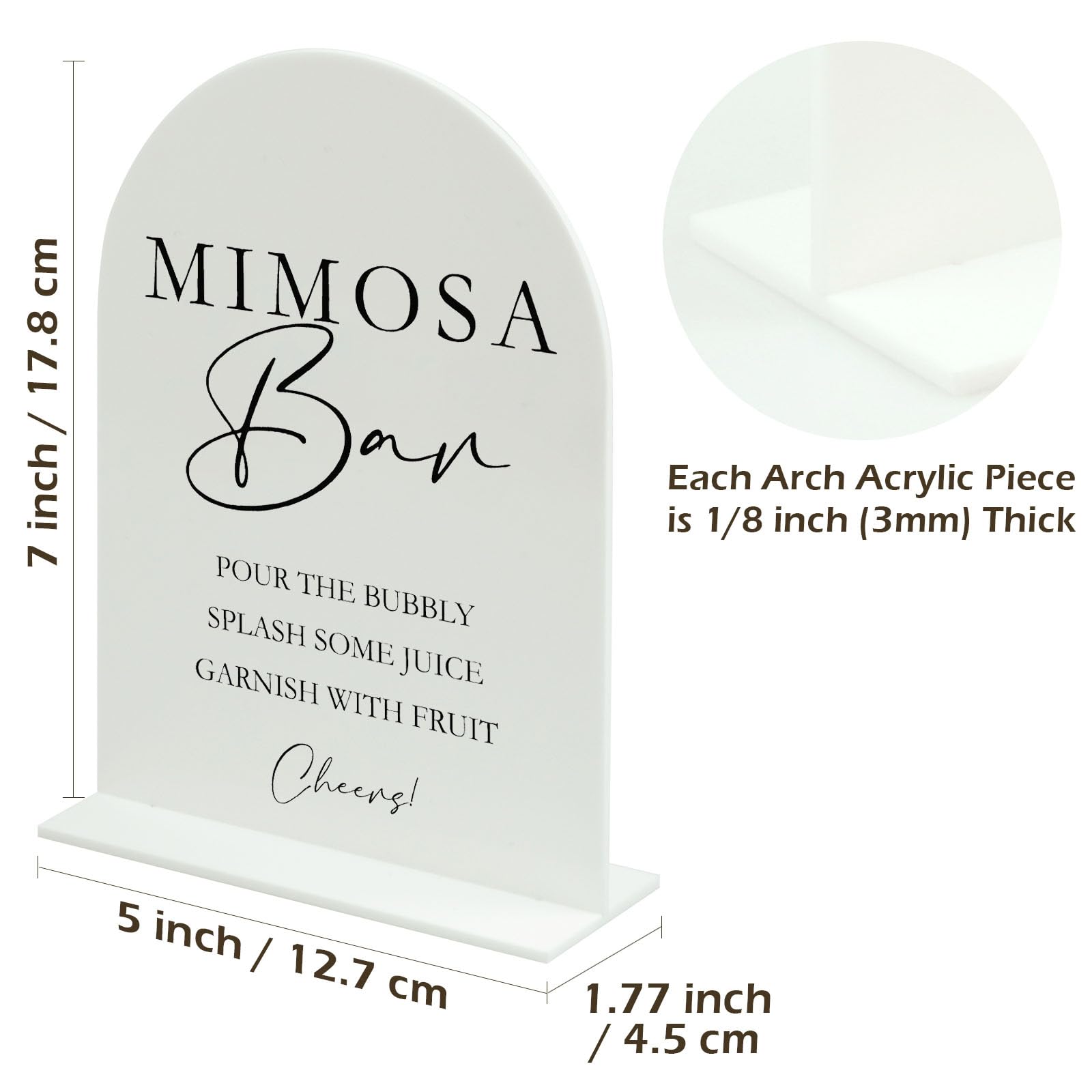 Acrylic Mimosa Bar Sign with Stand- 5"x7" White Arch Acrylic Wedding Sign and Base,1/8" Thick | Modern Calligraphy Black Lettering Acrylic Table Sign for Wedding & Party