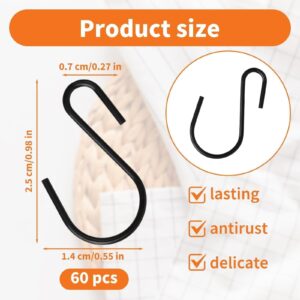 Pretwad 60PCS Mine S Hooks for Hanging,Black Small S Hooks for Hanging Made of Metal Iron,Hanging Hooks for Minor Items,Kitchenware,Potted,Bath Ball,Cups,Plants,Jewelry(1 Inch)