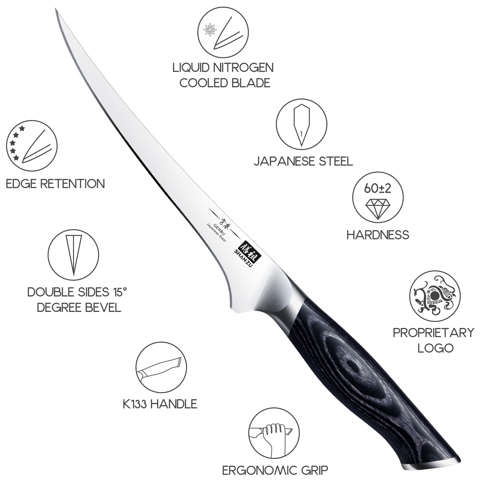 SHAN ZU 7 Inch Fillet Knife, Japanese Super Steel Boning Knife, Professional Ultra Sharp Fish knife with K133 Ergonomic Handle, Black Tortoise Genbu Series