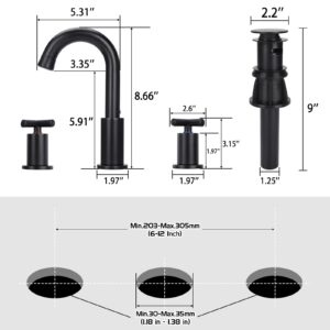 GXCROR Bathroom Faucets for Sink 3 Hole,2-Handle 8 inch Widespread Bathroom Sink Faucet with Pop Up Drain and Faucet Supply Hoses, Matte Black Basin Faucet Mixer Taps