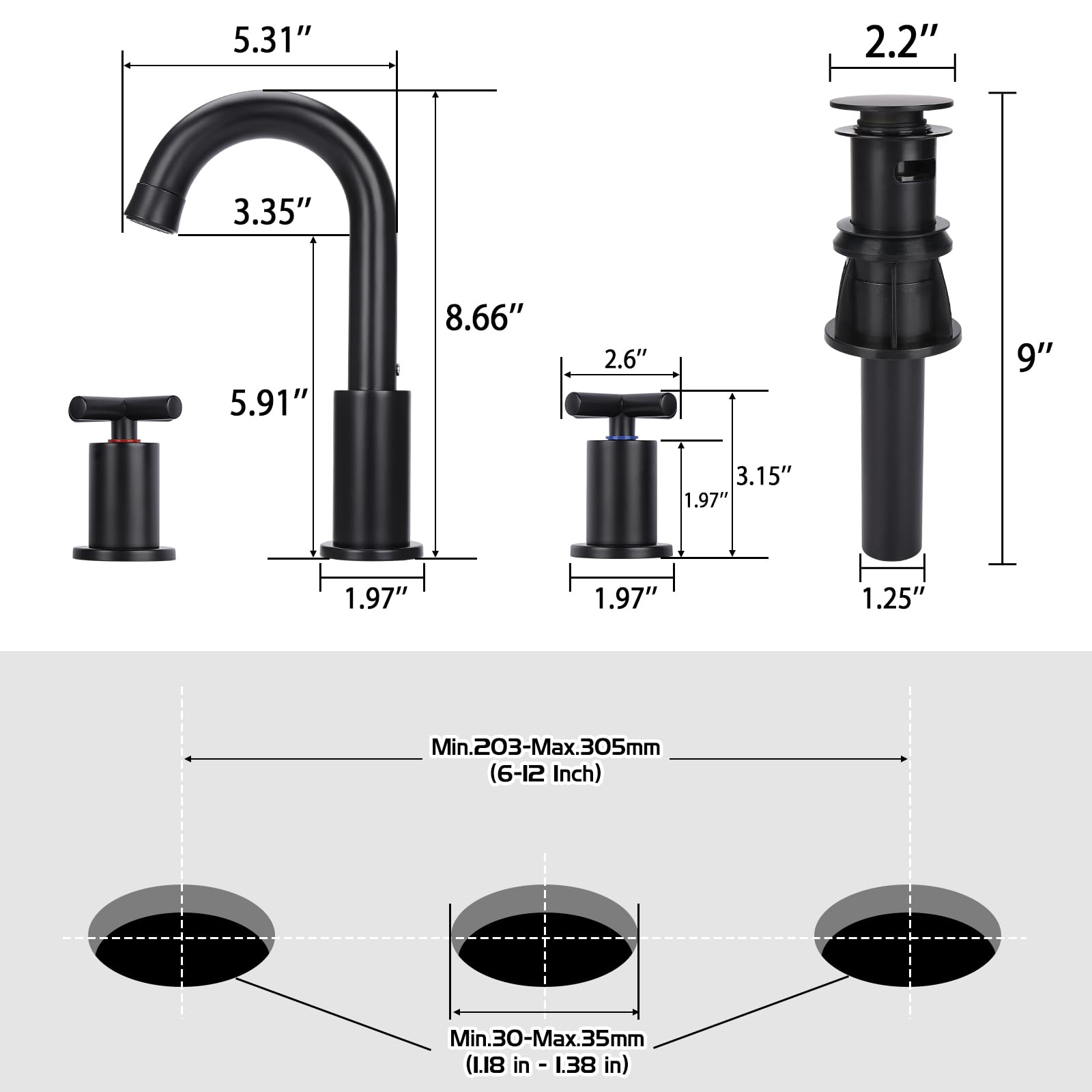 GXCROR Bathroom Faucets for Sink 3 Hole,2-Handle 8 inch Widespread Bathroom Sink Faucet with Pop Up Drain and Faucet Supply Hoses, Matte Black Basin Faucet Mixer Taps