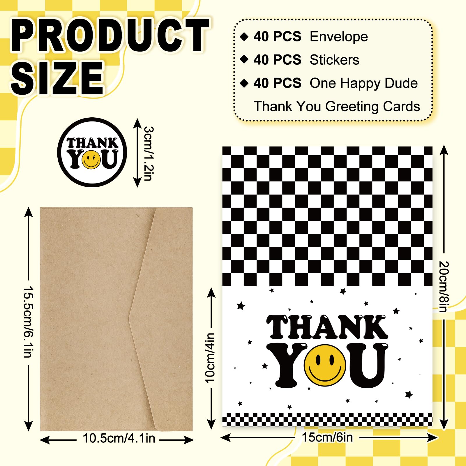 Whaline 40Pcs One Happy Dude Thank You Greeting Cards with Envelopes and Stickers Checkerboard Smile Face Thank You Cards for Back to School Birthday Baby Shower Decors, 4 Designs