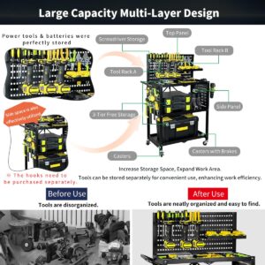 Lumizone 3-Tier Foldable Rolling Tool Cart with Wheels, Utility Cart with Pegboard for Garage Organizer and Tool Storage, Power Tool Storage Cart on Wheels (Tool Cart)
