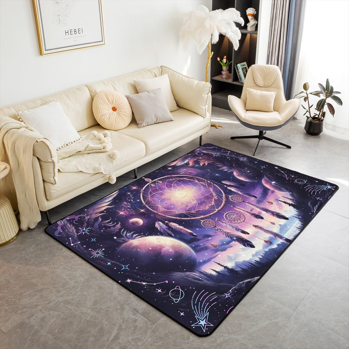 Dream Catcher Rug 3'x5',Purple Boho Dream Catcher Decor Area Rug for Girls Women Men Teens,Galaxy Bohemian Feather Print Non Shedding Rug for Bedroom Playroom Living Room