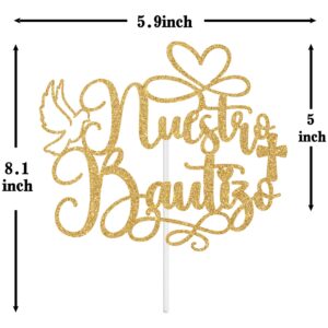 Nuestro Bautizo Cake Topper, Spanish First Holy Communion, My Baptism Day, Bridal Shower/Wedding/Baptism/Christening Baby Shower Party Decorations, Gold Glitter