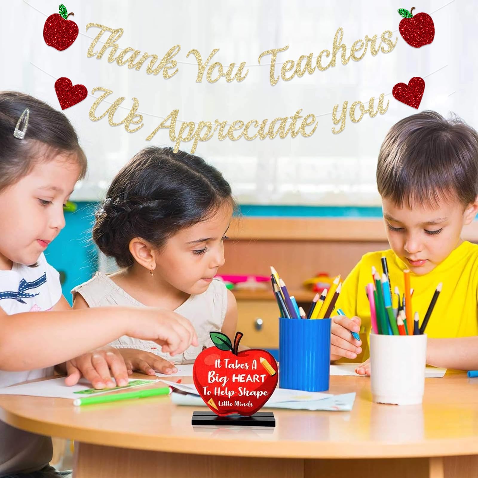 Teacher Appreciation Decorations Banner Glittery Thank You Teachers We Appreciate You Banner Teacher Appreciation Week Garland Banner with Glittery Red Heart Apple Teacher Day Teachers Day Party Decorations Supplies