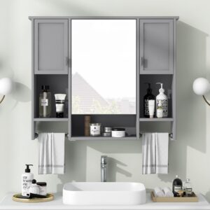 merax bathroom medicine cabinet with mirror, wall mounted bathroom storage cabinet with mirror door & open shelf, over the toilet space saver storage cabinet with towel rack (grey medicine cabinet)