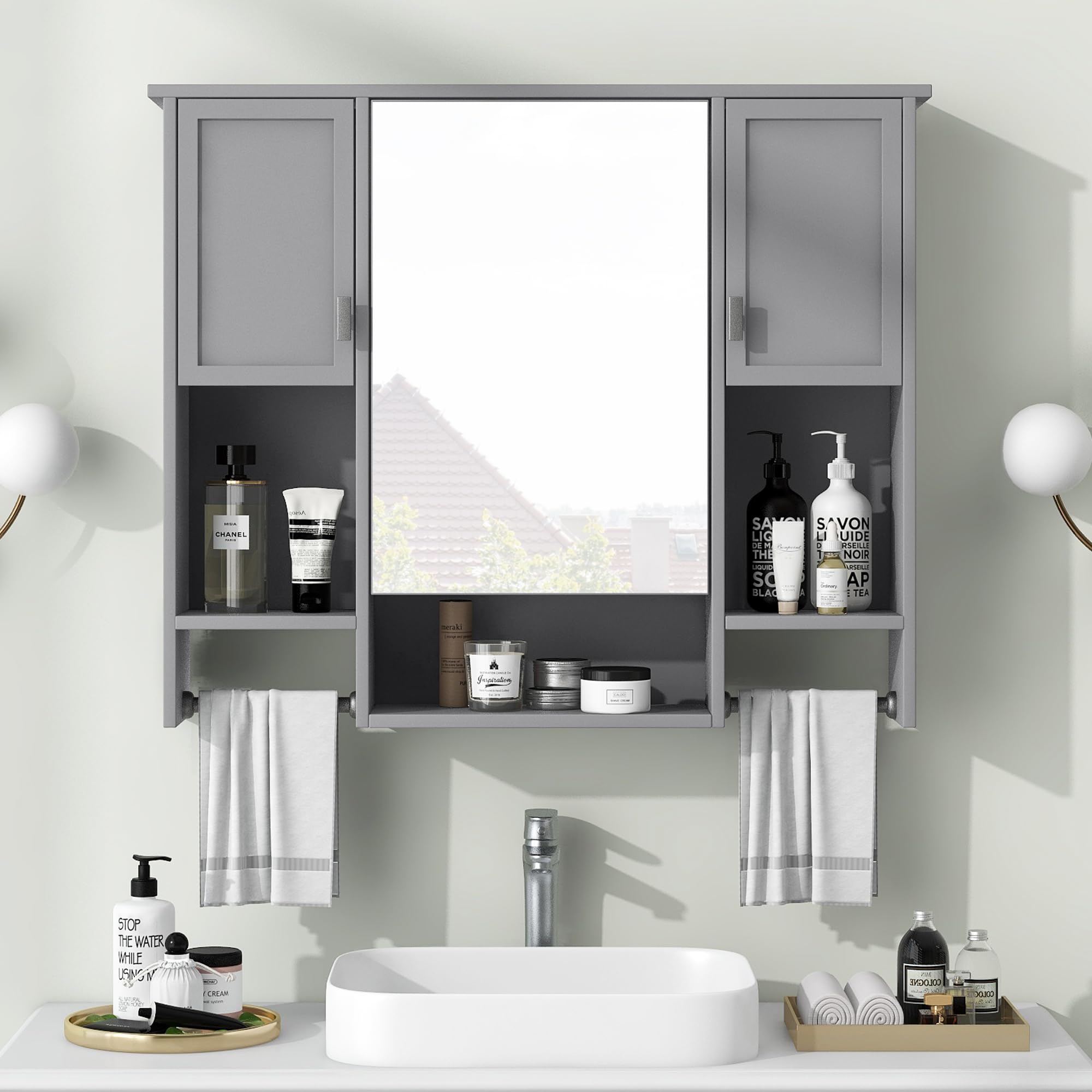 Merax Bathroom Medicine Cabinet with Mirror, Wall Mounted Bathroom Storage Cabinet with Mirror Door & Open Shelf, Over The Toilet Space Saver Storage Cabinet with Towel Rack (Grey Medicine Cabinet)