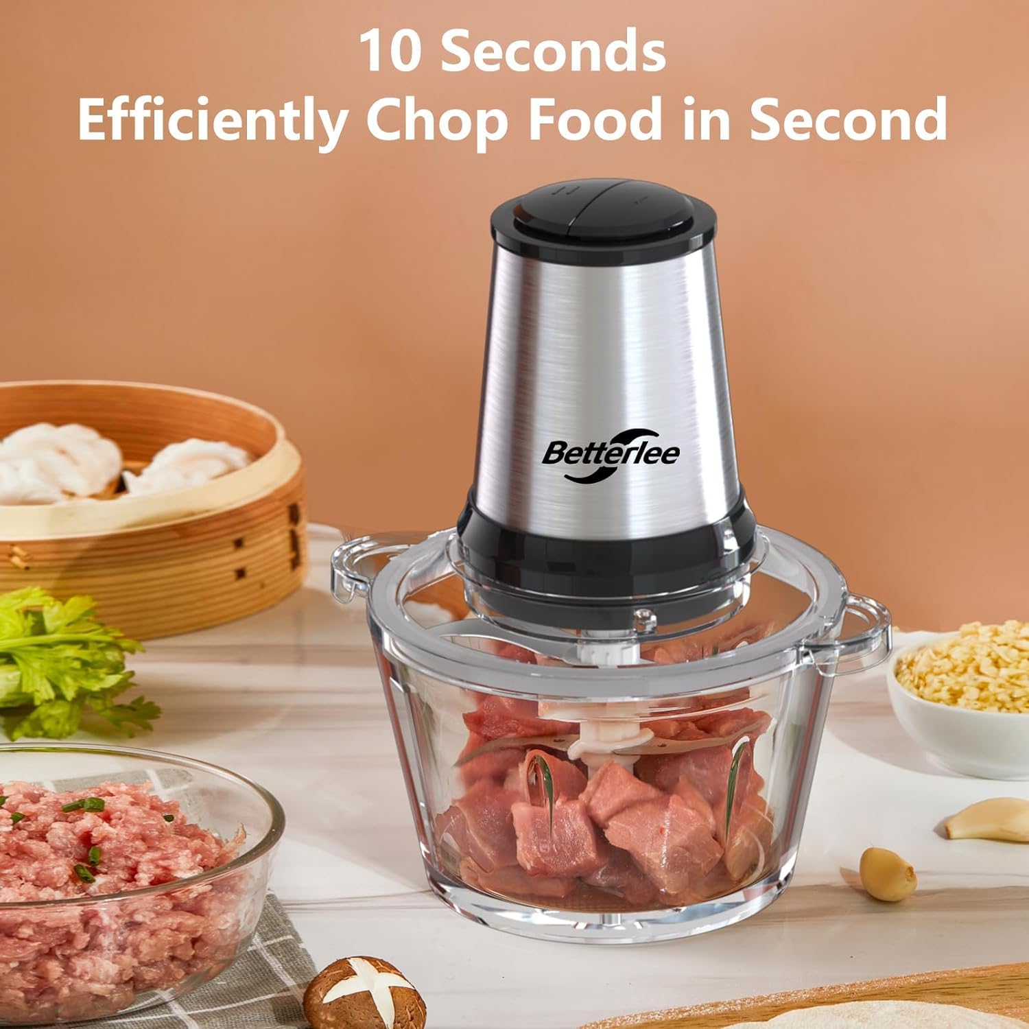 Food Processor, Meat Grinder & Veggie Chopper with 2 Bowls (8 Cup+8 Cup) - Includes 1 Set of Bi-Level Blades, 500W Powerful Electric Food Chopper for Baby Food Meats Vegetable and Nuts