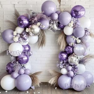 Purple White Balloons - Double Stuffed Lavender Pastel Light Purple Pearl Balloon Garland Metallic Purple Silver Balloon Arch Kit for Baby Shower Bridal Wedding Birthday Graduation Party Decoration